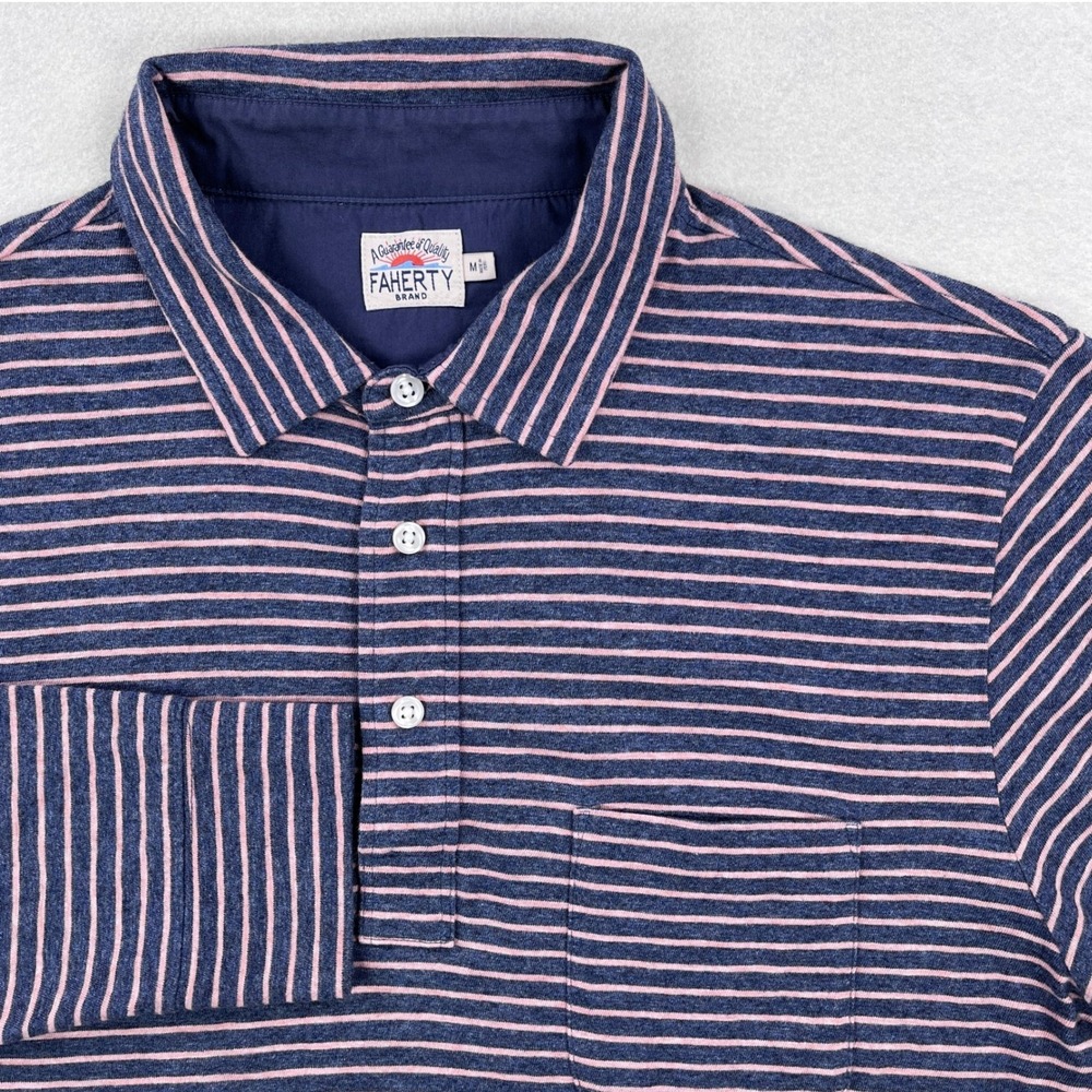 Faherty Brand Mens Long Sleeve Polo Shirt Blue Pink Striped Cotton Size M